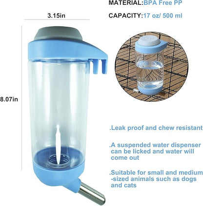 Dog Crate Water Bottle - 17 oz No Drip Kennel Pet Water Dispenser, Easy-to-Use Cage Water Bottle for Dogs, Cats, Small Animals, 500ML, Blue