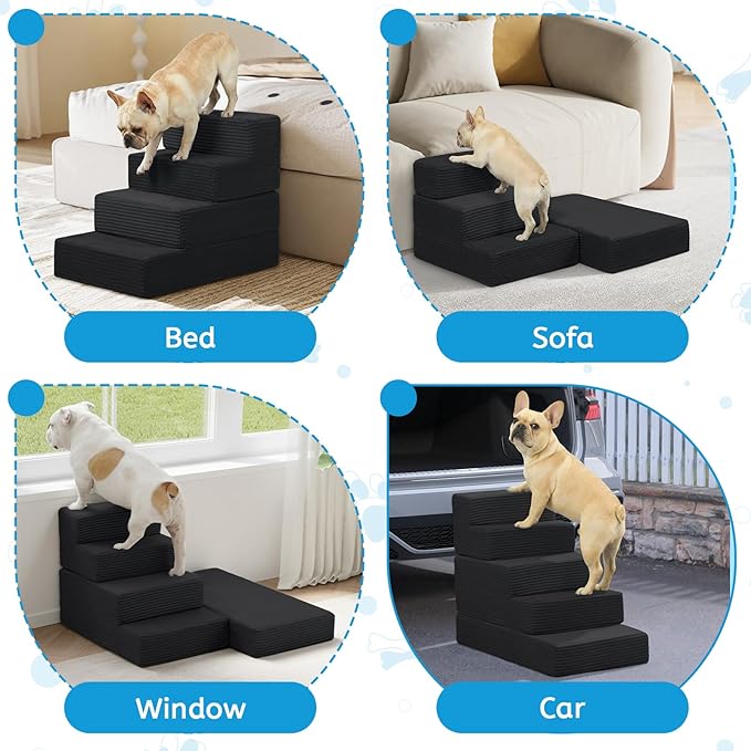 Dog Stairs for Small Dogs, 5 Step Pet Stairs for High Beds and Couch, Dog Steps for Bed Balanced 22.4" H, Foldable Pet Ramp for Large Cats Climb, Non-Slip Bottom Doggy Step, Black