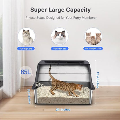 Stainless Steel Litter Box with Lid, XL Extra Large Enclosed Cat Litter Box Fits All Cats Modular Design with Flip Cover, Top Entry Metal High Sided Cat Box & Pedal & Scoop (Black)