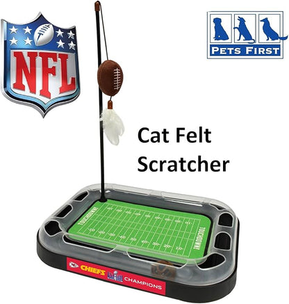 Pets First NFL Superbowl Champion Football Field CAT Scratcher Toy with Catnip Filled Plush Football Toy & Feather Hanging, with Jingle Bell, Winning Team Logo, Cat Chasing 5-in-1 Kitty Toy,