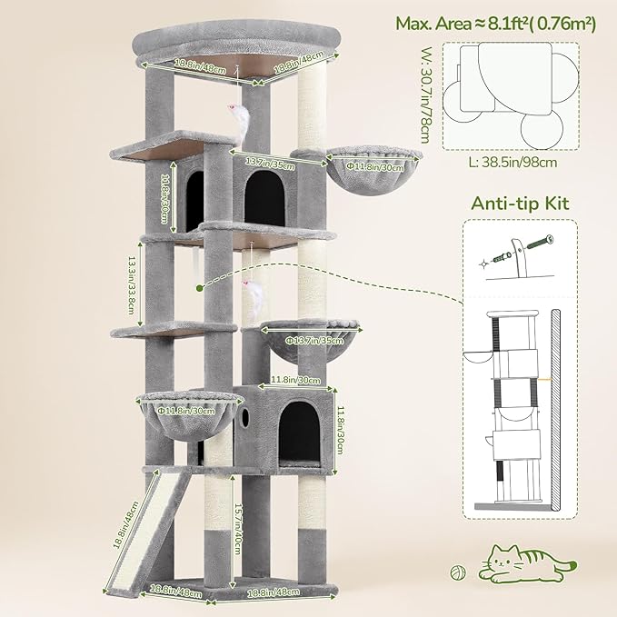 Globlazer Extra Large Cat Tree, 78 inch Sturdy Tall Cat Tree Tower for Indoor Multiple Large Adult Cats Kittens with 6 Scratching Posts, Enlarged Top Perch, 2 Padded Condos, S78G, Light Grey