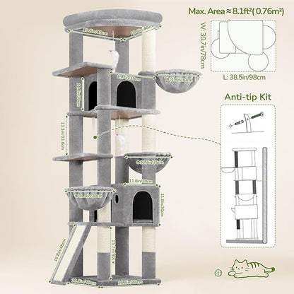 Globlazer Extra Large Cat Tree, 78 inch Sturdy Tall Cat Tree Tower for Indoor Multiple Large Adult Cats Kittens with 6 Scratching Posts, Enlarged Top Perch, 2 Padded Condos, S78G, Light Grey