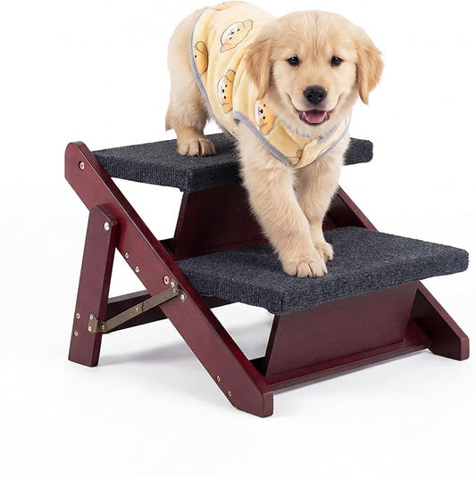 MEWANG Wooden Pet Stairs/Pet Steps - 2-in-1 Foldable Stairs & Ramp for Beds and Cars - Portable Dog/Cat Ladder Up to 110 Pounds - Great for Small and Older Animals(Brown) (17.3" L x 17.24" W x 13" H)