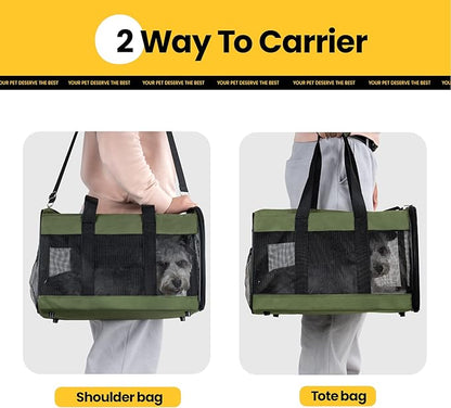 Cat Carrier Airline Approved, Soft-Sided Dog Carrier with Inner Safety Leash, Pet Transport Carrier for Small-Medium Cats Puppies up to 15 Lbs, Collapsible Travel Kitten Carrier Bag -Green M