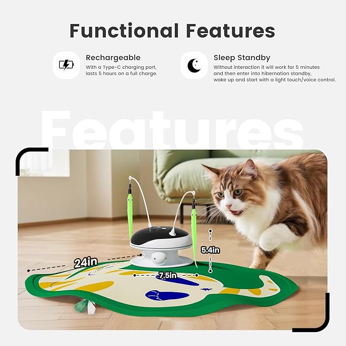 Gardner Pet Cat Toys Chargeable,5in1 Hide and Seek Automatic Interactive cat Toy, Chirping Moving Ambush Feather, Track Balls,Indoor Exercise Kicker 24 inch Cover for All Breeds,Cat Pattern