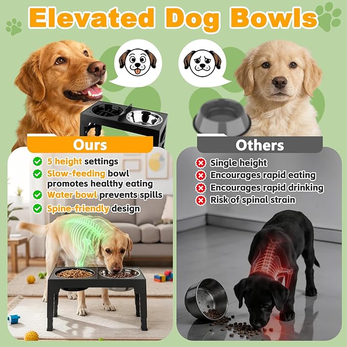 MECHEER 4-in-1 Dog Bowl Elevated Stand with Slow Feeder & Spill-Proof Water Bowl, 5-Height Adjustable Raised Dog Bowl for Large, Medium, and Small Dogs, Non-Slip Base Dog Feeding Station