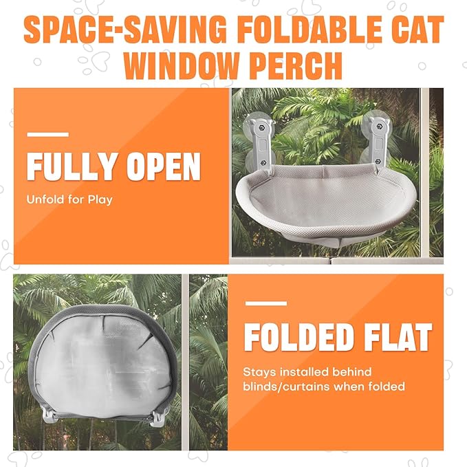 Homegroove Cat Window Perch, 18 x 12 Inch Foldable Cat Hammock for Window with Sturdy Metal Frame, Breathable Cordless Window Bed for Resting Seat for Indoor Cats (Grey, 18 x 12 Inch)
