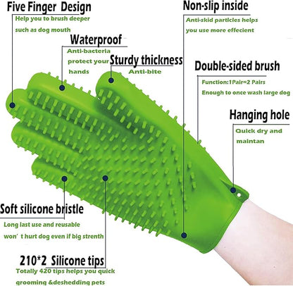 YOFANG Double-Side Pet Hair Removal Gloves for Dogs & Cats,Cat Bite-Proof Gloves Massage and Feeding,4-in-1 Deep Cleaning and Deshedding Brush & Washing Mitt,Suit for Short/Long Hair Pets, (Green)