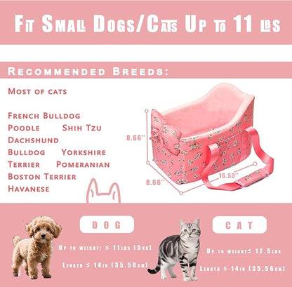 Cullaby Console Dog Car Seat - Portable Dogs Armrest Booster Seat for Small Dog, Anti-Collapse Pet Car Seat with Soft Cushion Safety Belt, Support Pet Up to 11lbs (Pink Daisy)