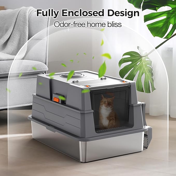 XXXL Stainless Steel Litter Box with Lid,28" L x 20.5" W x 16.5" H Extra Large Cat Litter Box Enclosure for Large and Multi-Cats Families,Non-Sticky, Anti-Leakage, Easy to Clean(Gray)