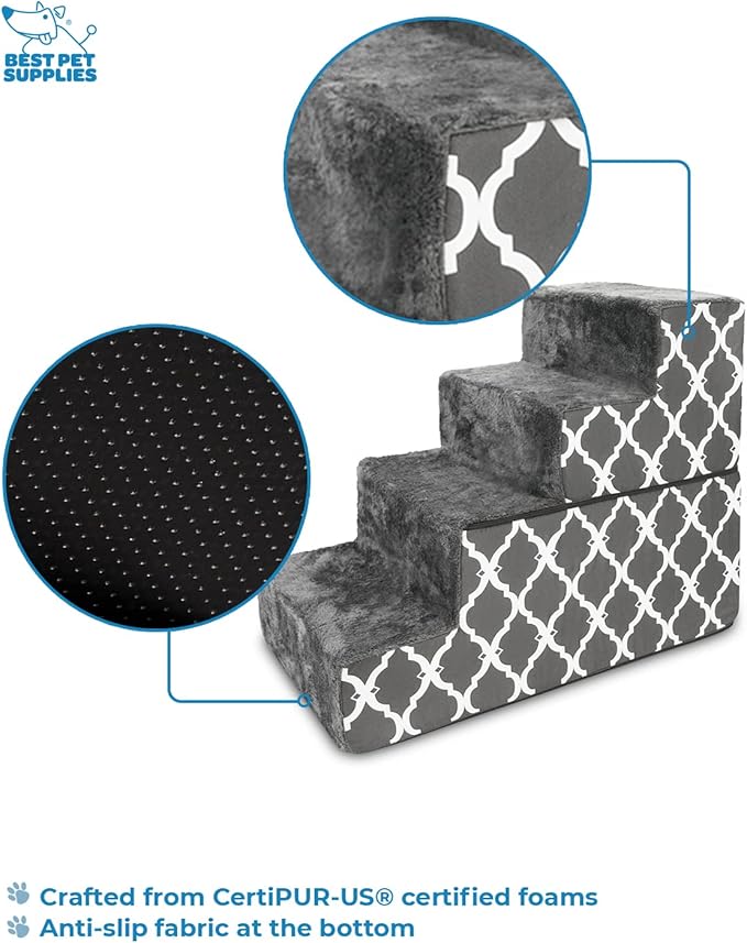 Best Pet Supplies Foldable Foam Pet Steps for Small Dogs and Cats, Portable Ramp Stairs for Couch, Sofa, and High Bed Climbing, Non-Slip Balanced Step Support, Paw Safe - Gray Lattice, 4-Step (H: 22")