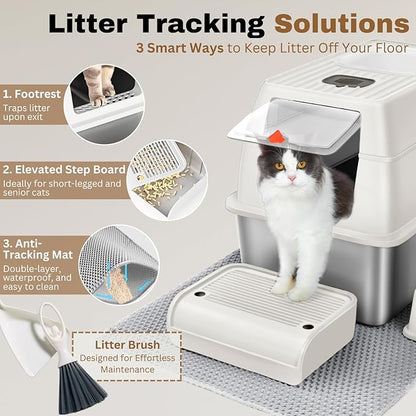 XL Stainless Steel Litter Box with Lid, Fully Enclosed 6" Deep Metal Cat Litter Box, Leak-Proof, Clumping Litter for Large, Multi-Cats, with Litter Mat, Scooper & Brush (6'' White XL)
