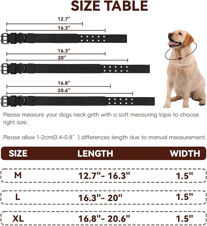 Heavy Duty Dog Collar for Large Dogs, Tactical Dog Collars with Metal Buckle & D Ring, 1.5" Width Thick Adjustable Nylon Collar for Medium Dogs, Black/L