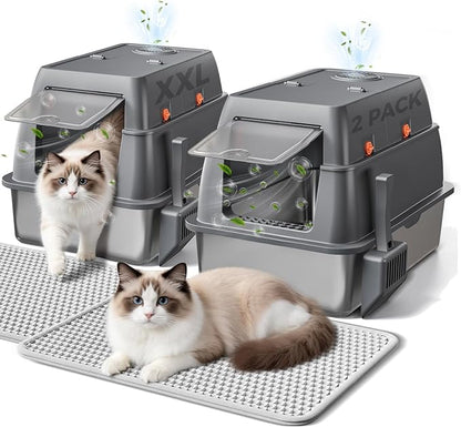 GTPLAYER XXL Stainless Steel Cat Litter Box with Lid, High Sided Enclosed Cat Litter Box, Activated Carbon Odor Control, Extra Large Metal Litter Box, Anti-Leak, with Mat & Scoop, Grey 2 Pack