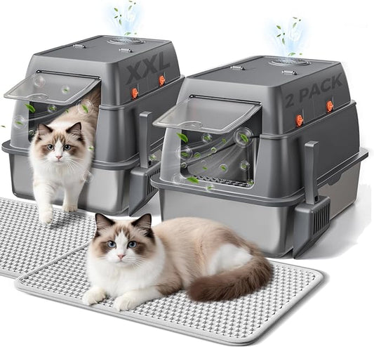 GTPLAYER XXL Stainless Steel Cat Litter Box with Lid, High Sided Enclosed Cat Litter Box, Activated Carbon Odor Control, Extra Large Metal Litter Box, Anti-Leak, with Mat & Scoop, Grey 2 Pack