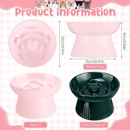 Tioncy 2 Pcs Raised Cat Slow Feeder Bowl Ceramic Elevated Cat Dog Food Bowl No Spill High Edge for Dry Wet Food and Water Easy to Clean, Dishwasher Safe (Pink,Dark Green)