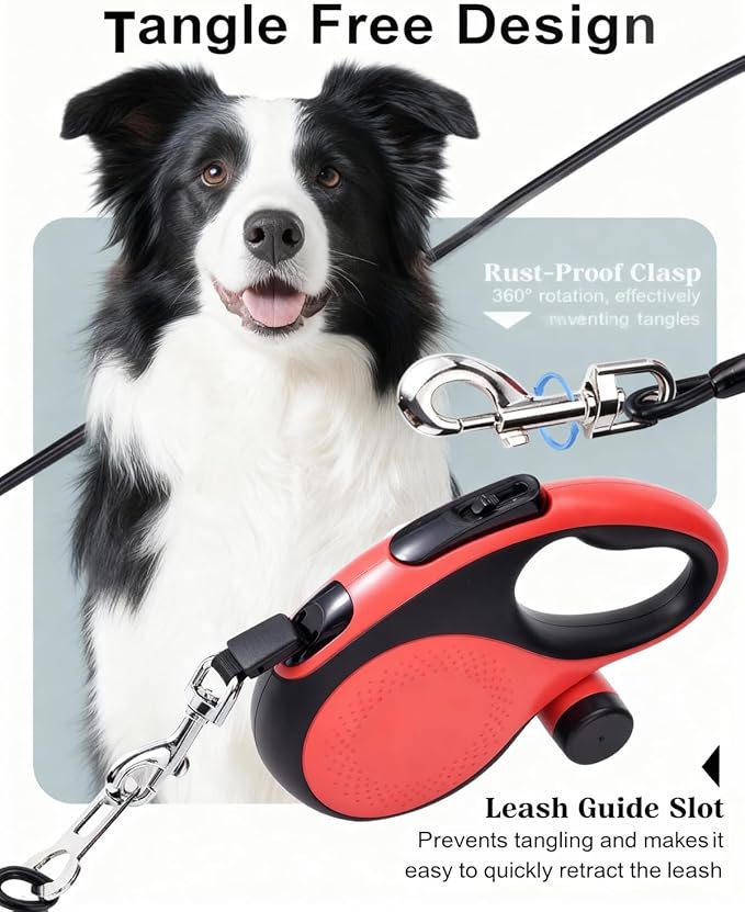 26 ft Retractable Dog Leash Red - Heavy Duty Retractable Pet Leash Chew Proof Cable with Anti-Slip Grip for Medium to Large Dogs up to 110 lbs 360° Tangle-Free, (Red)