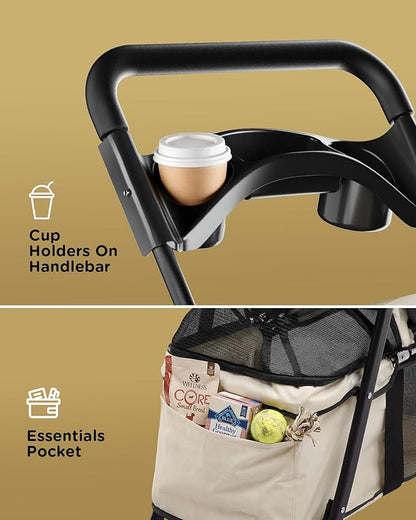 GTPLAYER Foldable Pet Stroller for Small Dogs and Cats, Holds Up to 33 lb, 4-Wheel Stroller with 2 Safety Tethers, Breathable Mesh, Lockable Front Wheels, Cup Holder/Tray & Storage Pocket, Ivory