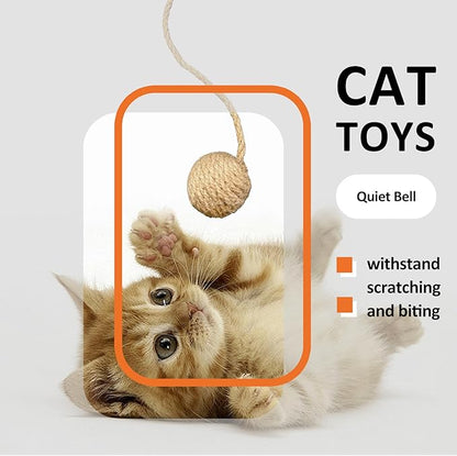 2 Inch Cat Toy Ball with 10 Inch Sisal Rope Wrapping & Quiet Bell - Natural Sisal Material for Endless Feline Fun
