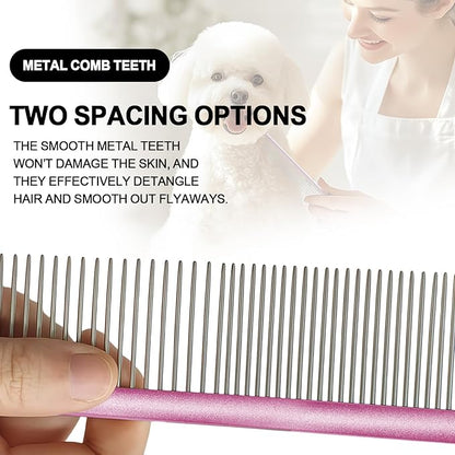Large Purple Pet 2-in-1 Metal Comb Fine&Wide Teeth Comb Dematting Grooming Tool Pet Flea Comb for Dogs and Cats Remove Loose Hair Mats Knots Tangles Dirt Fleas