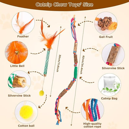Catnip Toys for Indoor Cats - Silvervine Sticks & Cat Chew Toys for Teeth Cleaning - Refillable Natural Catnip & Silvervine Kit for Kittens & Adult Cats - 8 Pack
