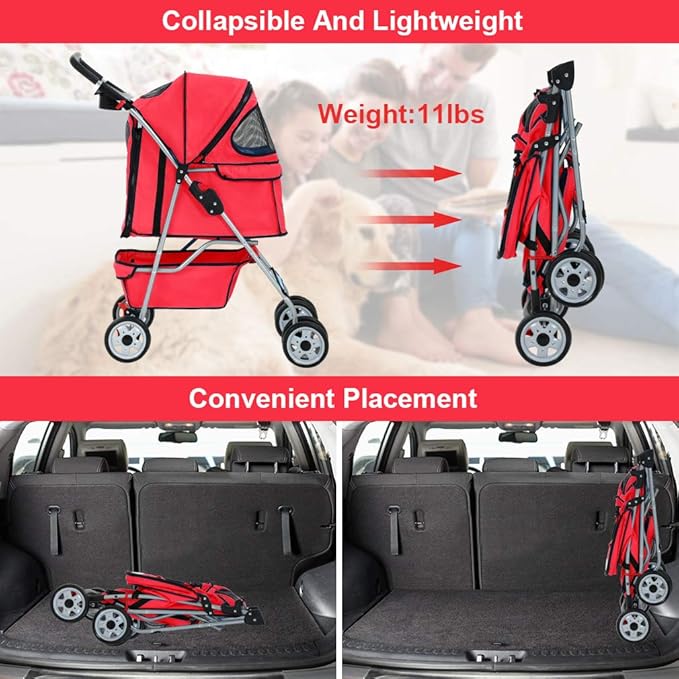 Pet Stroller Pet Carrier Dog Stroller Cat Stroller Folding Lightweight 4 Wheels Jogger Stroller with Storage Basket and Cup Holder