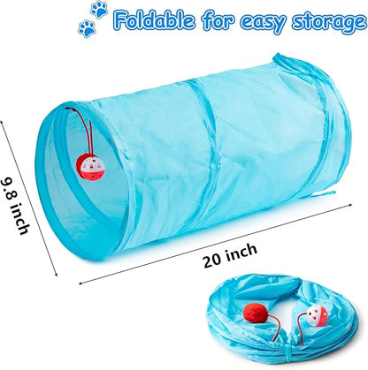 MALLMALL6 Cat Toy Set Interactive Cat Toys 11Pcs Pack with Foldable Tunnel, Feather Teaser Wand, Springs, Mice, Crinkle Balls & Pet Bell Balls - Puzzle Toys for Indoor Cats - Gift (Blue)