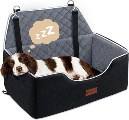 Persure Dog Car Seat for Large Medium Size Puppy Dog,Soft Fabric Dogs Bed Filling Memory Foam,2 Clip-On Safety Leashs and 2 Pockets,Removable and Washable Comfy Pet Travel Car Seat(Black, Large)