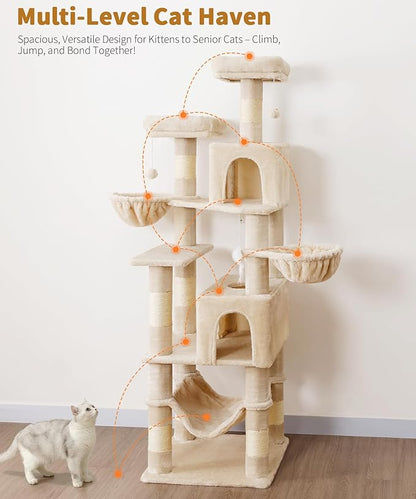 AMHANCIBLE Cat Tree, 70 Inch Cat Tower for Indoor Cats, Multi-Level Cat Tree with Scratching Post, Hammock, Hanging Basket, Large Cat Condos for Adult Cats Kittens, Beige, PT18BG