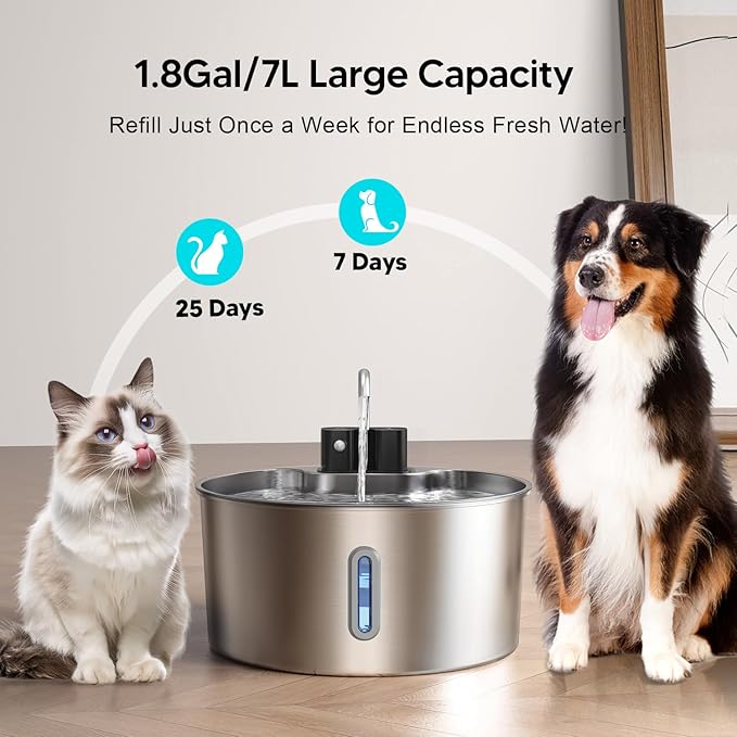 Voluas Dog Water Fountain: 1.8Gal/7L Wireless Stainless Steel Dog Fountain Bowl for Small to Large Dogs, Battery Operated Pet Water Dispenser Indoor with Ultra-Quiet Pump, Easy Clean, 3 Filter