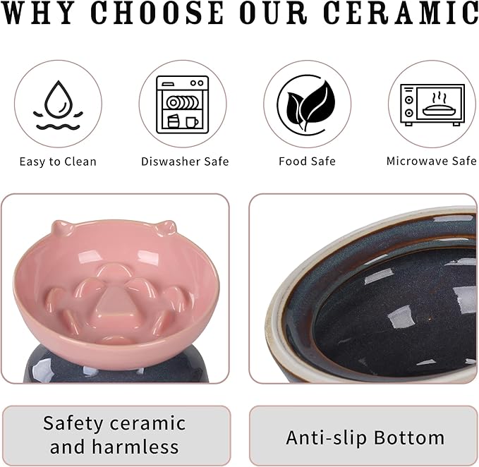 Elevated Slow Feeder Cat Bowl, 15° Tilted Ceramic Raised Cat Bowl for Indoor Cats, Anti Vomiting Design, Cute Cat Ear Heavy Base, Whisker Friendly Healthy Feeding Dish (Pink)