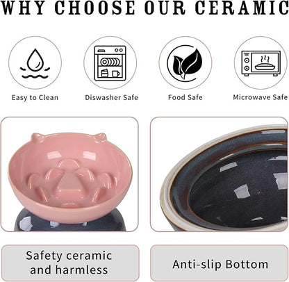 Elevated Slow Feeder Cat Bowl, 15° Tilted Ceramic Raised Cat Bowl for Indoor Cats, Anti Vomiting Design, Cute Cat Ear Heavy Base, Whisker Friendly Healthy Feeding Dish (Pink)