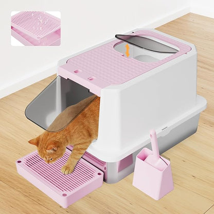 RIZZARI Enclosed Cat Litter Box: Large Top & Front Entry - High-Sided Anti-Scatter Design - Stainless Steel Odor Control - Easy Clean Teflon Non-Stick Coating- Pink Litter Pan - Entryway/Closet Nook