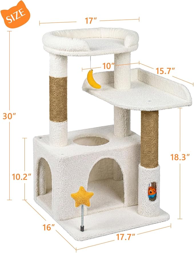 32In Cute Cat Tower for Indoor Cats with Cat Condo, Plush Platform, Hammock, Sisal Scratching Posts, Dangling Ball, Tall Cat Tree Tower with Self-Grooming Brush (Beige)