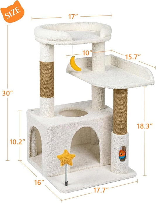 32In Cute Cat Tower for Indoor Cats with Cat Condo, Plush Platform, Hammock, Sisal Scratching Posts, Dangling Ball, Tall Cat Tree Tower with Self-Grooming Brush (Beige)