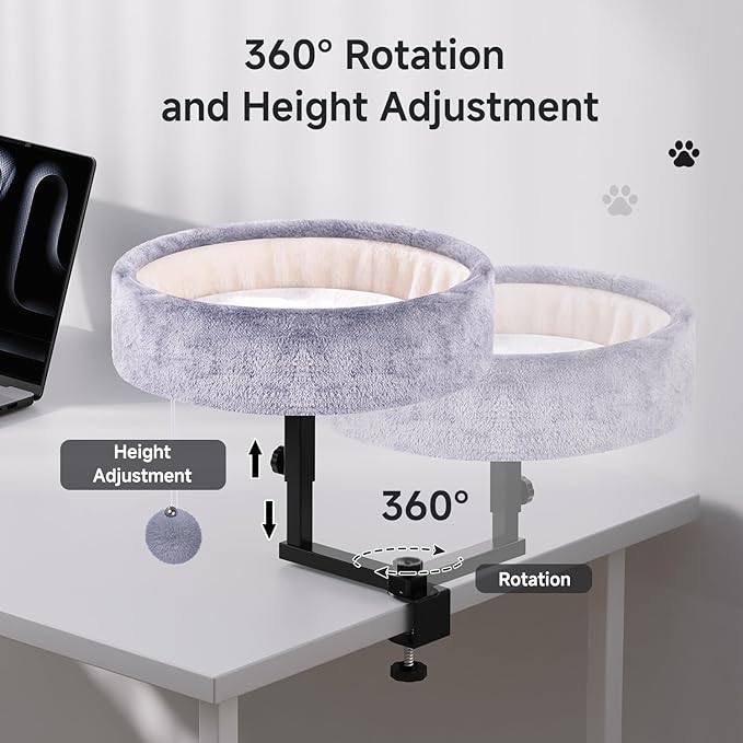 Cat Desk Bed - 360° Rotating & Adjustable, Supports 50 lbs, Soft Faux Fur with Dual-Sided Reversible Mat, Modern Indoor Cat Nest Furniture for Office Desks and Game Tables, Island Table