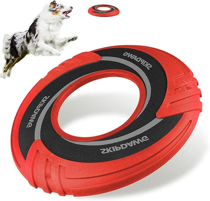 SKIPDAWG Interactive Dog Tug Toy, Dog Flying Disc Floats in Water to Keep Them Busy, Outdoor Pet Toys for Dogs Exercise Training Safe Light TPR/Nylon Fabric, Diameter 9 Inch Red Color