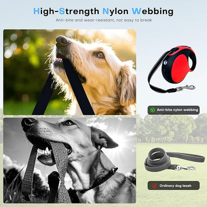 Retractable Dog Leash with chew-Proof Cord and LED Flashlight, 16-ft Heavy-Duty Dog Leash, Suitable for Small/Medium Dogs Weighing up to 110 pounds, Reflective Rope, 360° Anti-tangling.(Red+16Ft+LED)