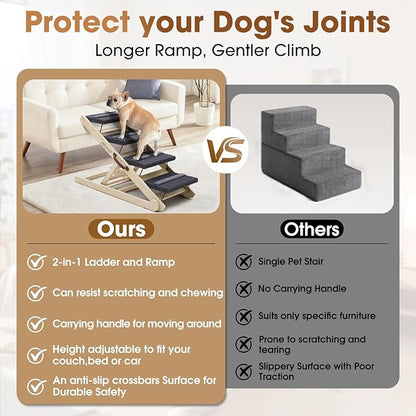 Dog Steps for Bed & Couch - 2-in-1 Dog Stairs/Ramp for Small to Large Breeds - 6 Adjustable Height from 12" to 24" - Folding Portable Wooden Ramp for Dogs to Get on Bed Couch Car Up to 200LBS