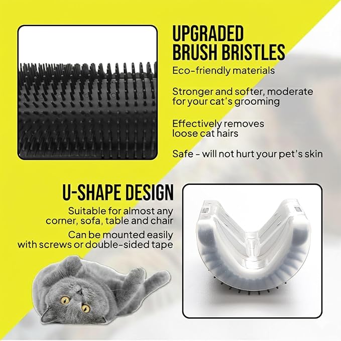 Cat Self Groomer – Wall Corner Grooming Brushes for Cats and Small Pets – Soft Silicone Massage Brush for Shedding Control and Face Rubbing (Black)