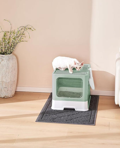 Cat Litter Box with X-Large Litter Mat and Scoop, Large Covered Litter Box with Lid, Enclosed Kitty Box,Front Top Entry Exit, Odor Control Easy to Clean (Upgrade Green)