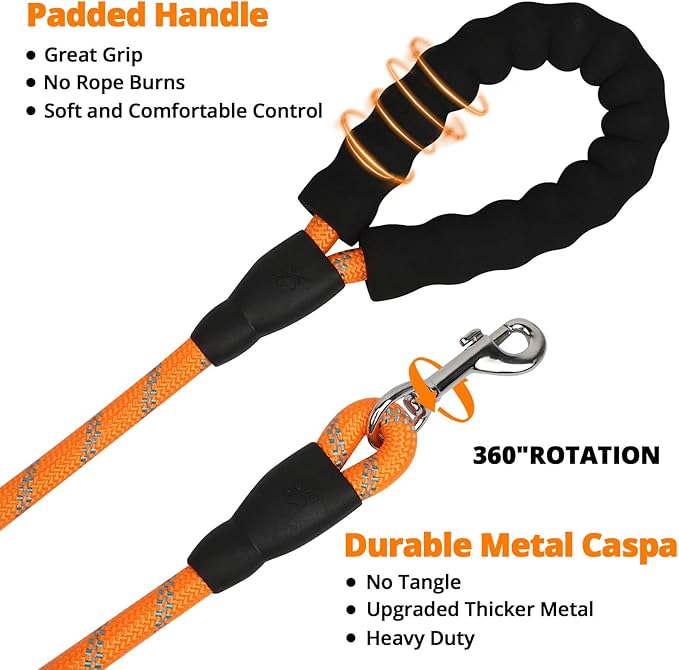 Rope Dog Leash 5 FT: Heavy Duty Leashes with Swivel Lockable Hook Reflective Threads Bungee and Padded Handle - Dog Lead for Large Small Medium Dogs Outside Walking Hiking Orange