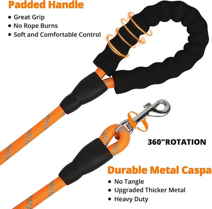 Rope Dog Leash 5 FT: Heavy Duty Leashes with Swivel Lockable Hook Reflective Threads Bungee and Padded Handle - Dog Lead for Large Small Medium Dogs Outside Walking Hiking Orange