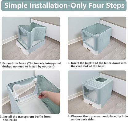 Foldable Cat Litter Box with Lid, Enclosed Potty, Large Top Entry Anti-Splashing Toilet, Easy to Clean Including Litter Scoop and 2-in-1 Cleaning Brush (Blue)