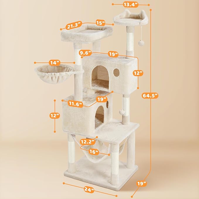 Yaheetech 64.5in Cat Tree Cat Tower Scratching Post, Plush Cover Cat Condo Bed Furniture with Hammock, Platform, Perch for Extra Large Cats as Playing House