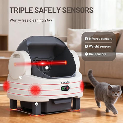 Automatic Cat Litter Box, Electric Large Open-Top Self Cleaning Litter Box for Multiple Cats, Smart APP Control, Multiple Safety Sensors, 1 Rolls Bags & 1 Mat, Arenero para Gatos Autolimpiable White