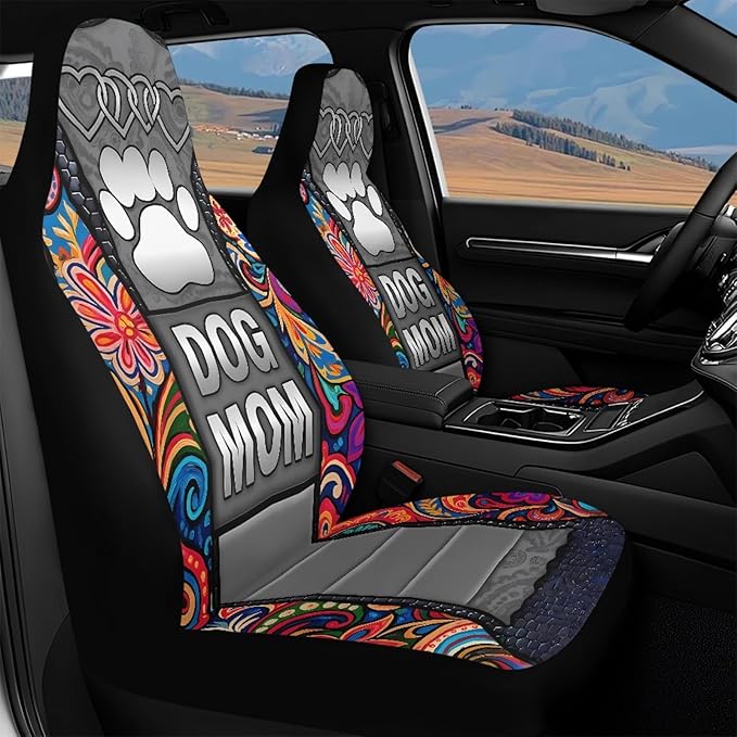Dog Mom Paw Car Seat Covers for Truck Sedan SUV 2 Pack Waterproof Automotive Seat Covers Boho Flowers Removable Auto Accessories Interior Decor