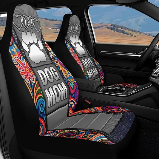 Dog Mom Paw Car Seat Covers for Truck Sedan SUV 2 Pack Waterproof Automotive Seat Covers Boho Flowers Removable Auto Accessories Interior Decor