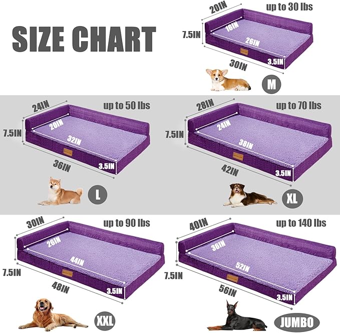 Patas Lague Orthopedic Dog Bed Large Sized Dog 36''X24'', Waterproof L Bolster Medium Pet Sofa Beds with Removable Washable Cover, Soft Comfortable Pet Couch Crate Mat with Nonskid Bottom, Purple