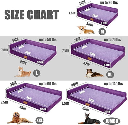 Patas Lague Orthopedic XL Dog Bed Large Sized Dog 42''X28'', Waterproof L Bolster Big Pet Sofa Beds with Removable Washable Cover, Soft Comfortable Pet Couch Crate Mat with Nonskid Bottom, Purple